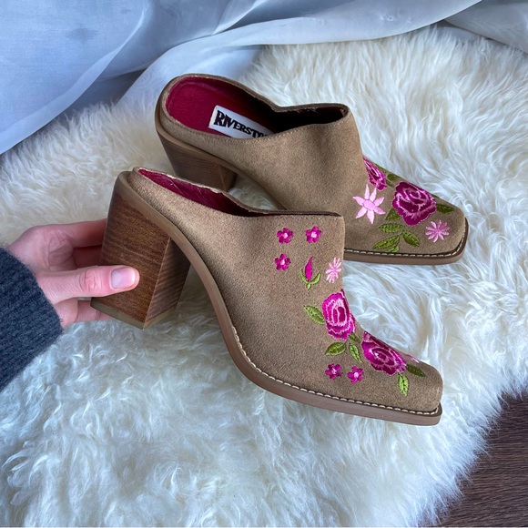 Riverstone Shoes - Riverstone Y2K Western Roses Square Toe Leather Mules Block Heels 7B Coachella